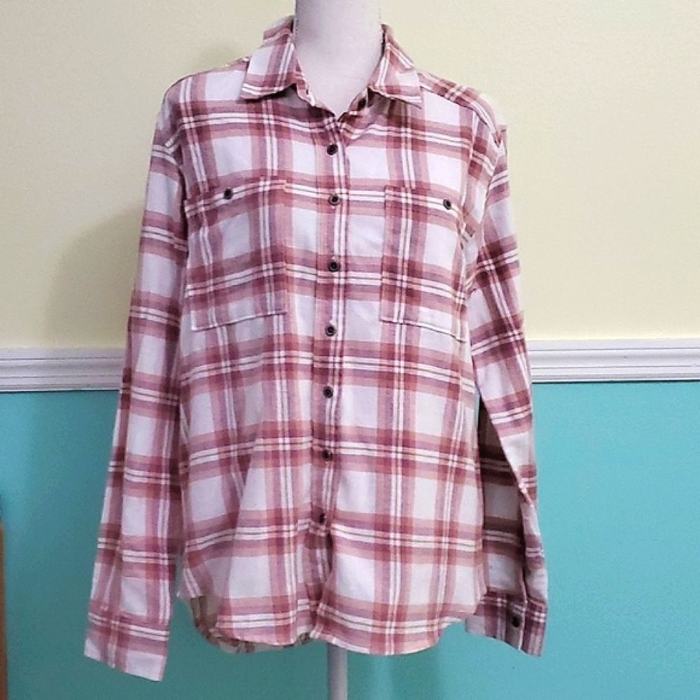 PacSun Cream & Mauve Plaid Western Festival Button Down Cotton Flannel Shirt XS